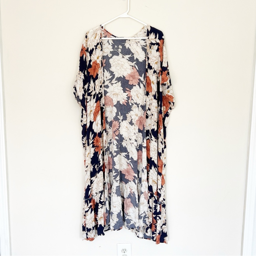 Ces Femme Floral Blue Kimono Duster Longline Ruffle Hem Resortwear Pool Cruise